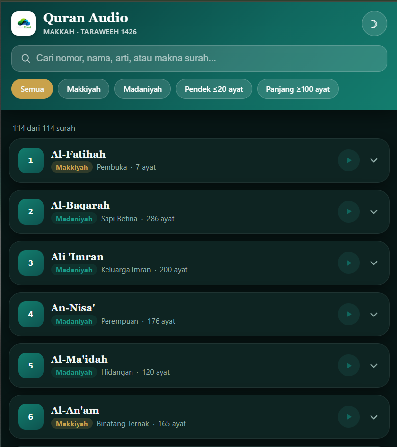 Tampilan Quran Audio versi Claude
